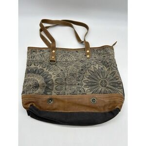 Myra Bag Mandala Canvas Leather Tote Bag Womens Large Brown Gray Bohemian